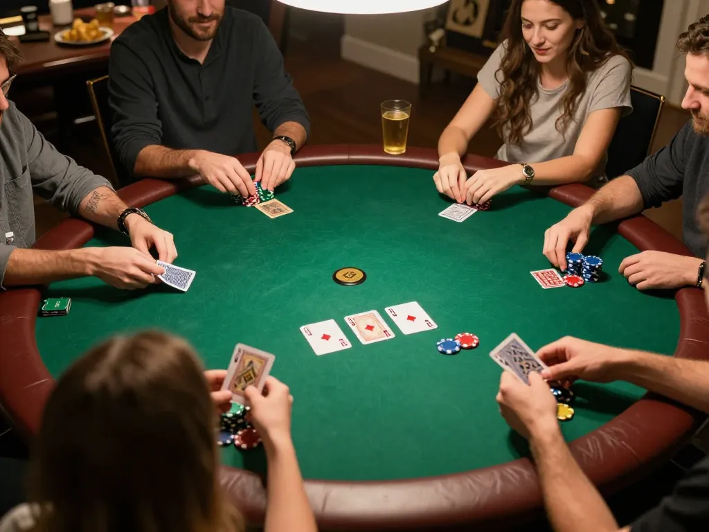 Permainan poker yang sedang berlangsung di rumah bersama teman, menunjukkan strategi dan kegembiraan.