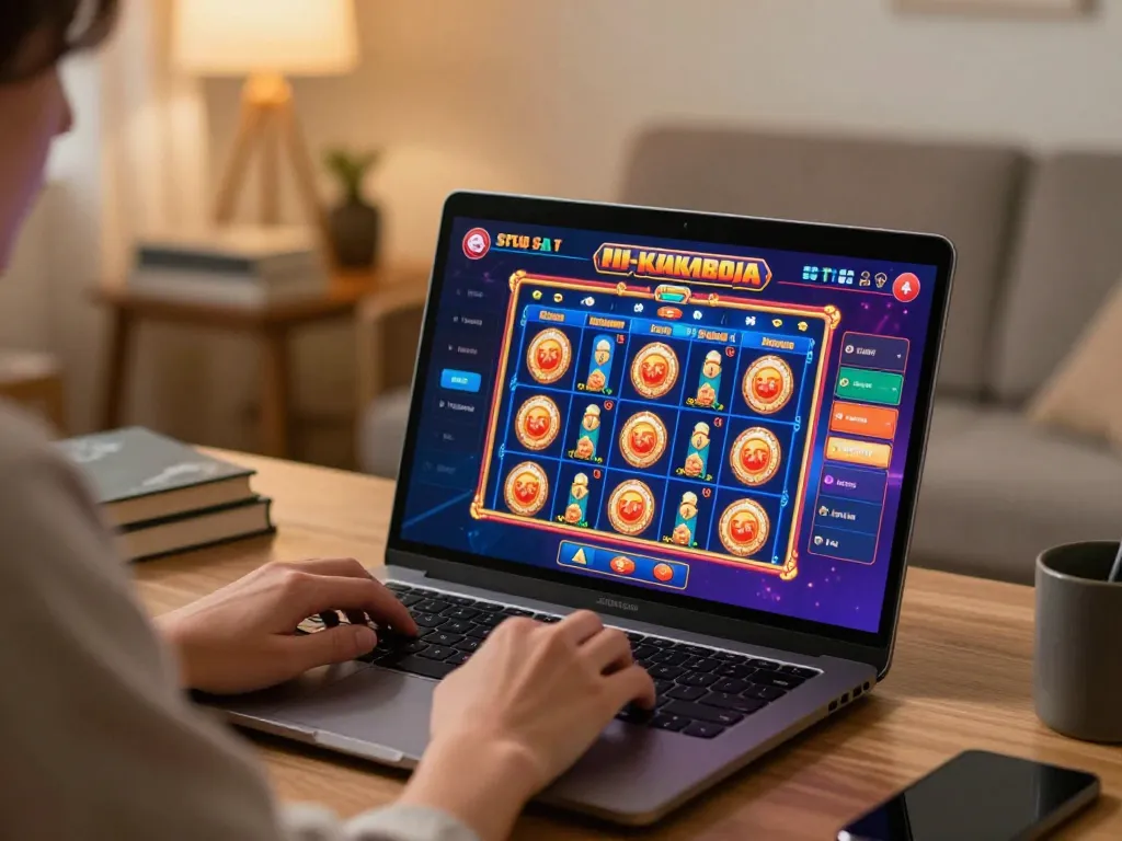 Engaged user playing situs slot kamboja online slots on a laptop, cozy home office ambiance.