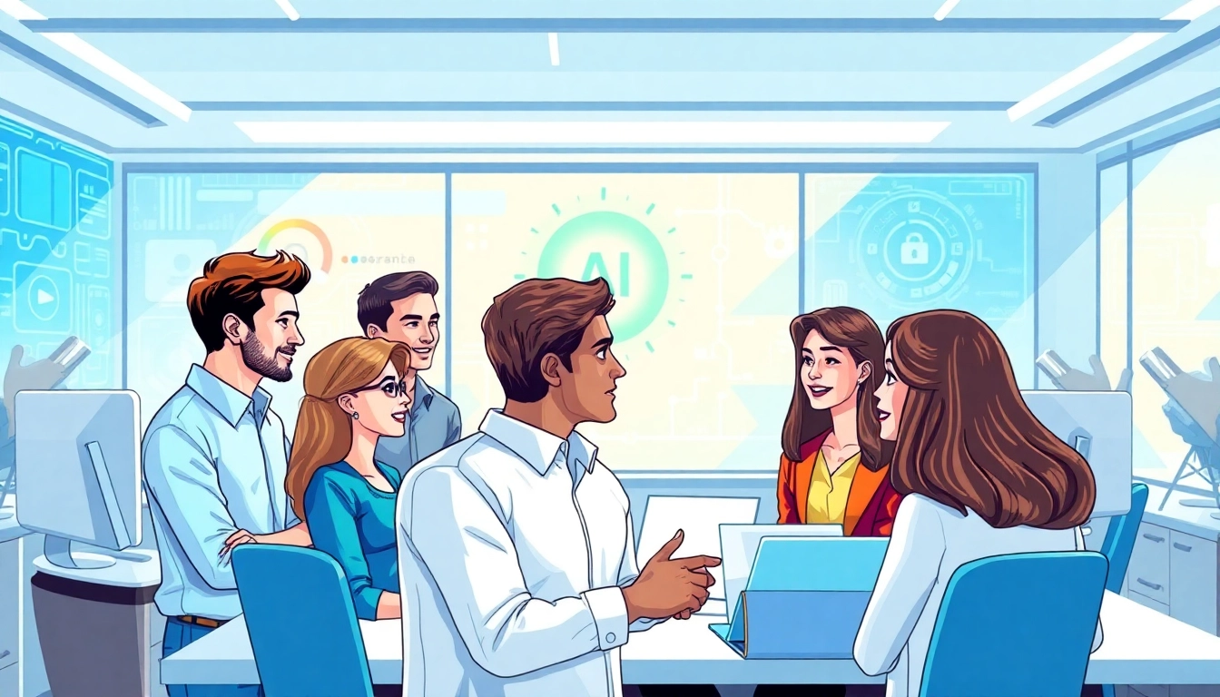 Explore what is Pretzel’s philosophy on AI and human oversight illustrating a collaborative office scene with diverse teamwork.
