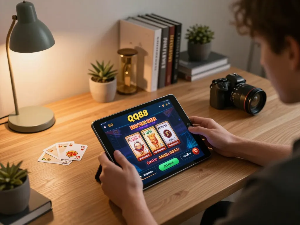 Engaging with QQ88 gaming app on a tablet in a cozy, stylish home setup