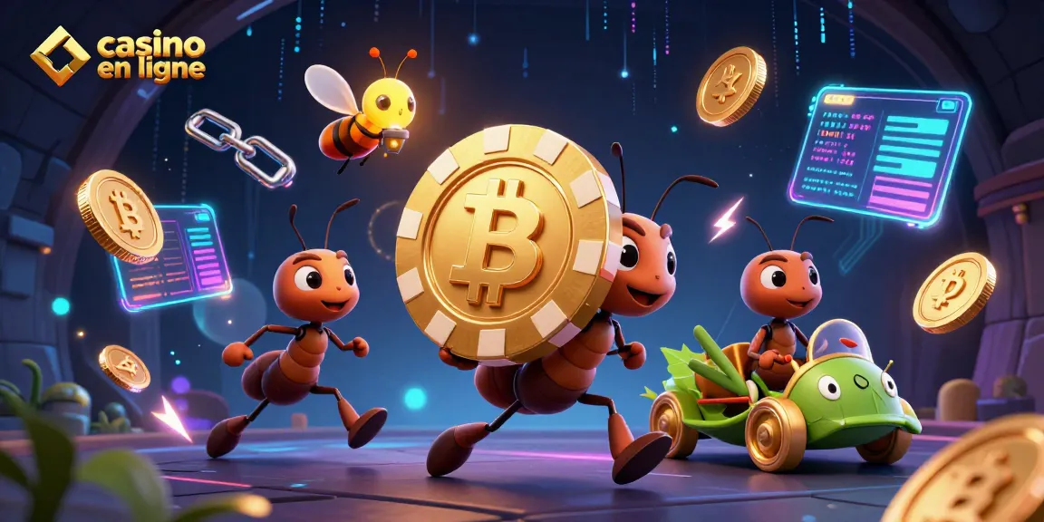 Jouer au casino en ligne avec des éléments de poker et des cryptomonnaies dans une scène animée.