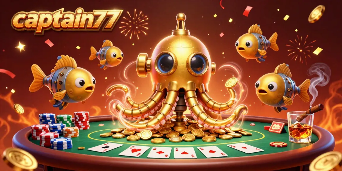 Captain77 showcases a vibrant casino scene with a golden kraken and poker elements, featuring epic winning opportunities.