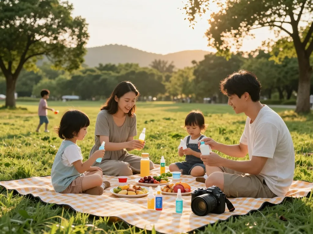 Family applying mosquito repellent while enjoying a picnic in a park.
