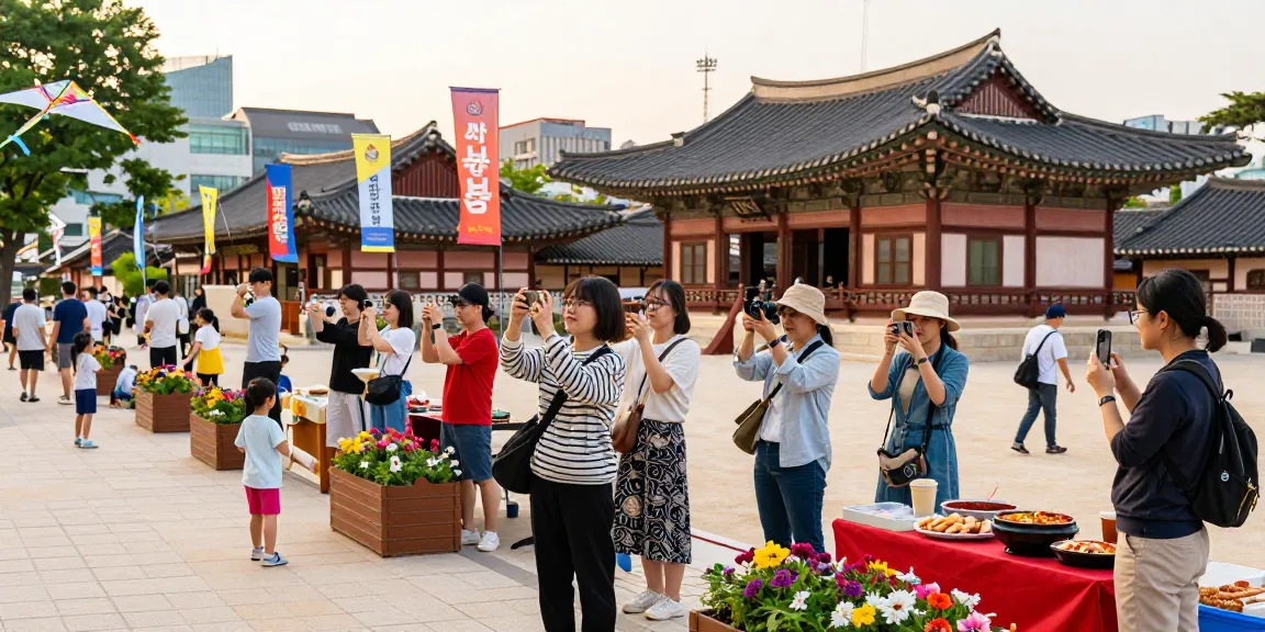 Exploring the rich culture at 상봉동 한국관 with friends, featuring vibrant architecture and street food.