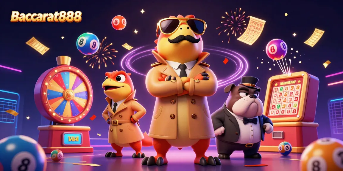 Baccarat888 captivates players in a vibrant 3D casino scene with colorful elements and an engaging atmosphere.