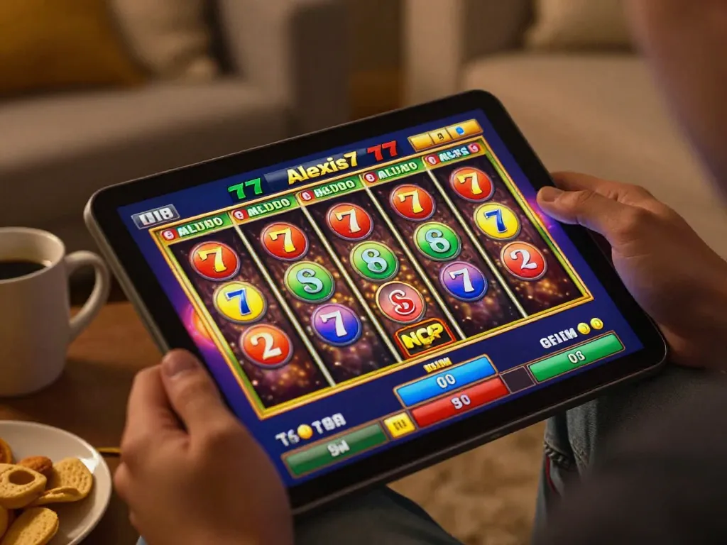 Engaging gameplay experience on alexis77 online slot game showcasing vibrant reels in a cozy home.