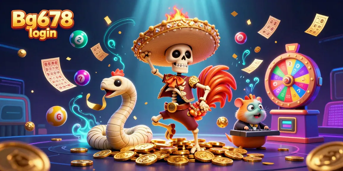 Engage in thrilling gaming with Bg678 login: vibrant characters bouncing lottery elements and exciting casino features.