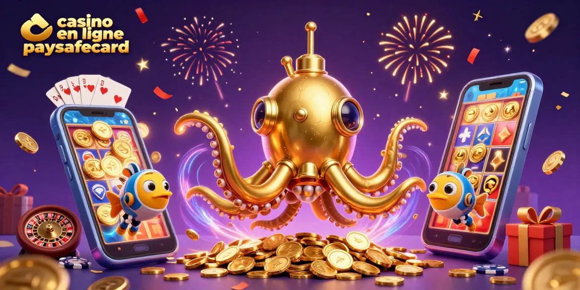 Jouez dans un casino en ligne paysafecard, découvrez des machines à sous colorées et des poissons mécaniques entourant des pièces d'or.
