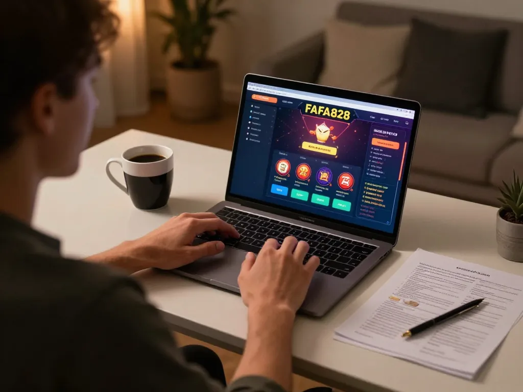 Online gaming session on FAFA828 with laptop and strategy notes, showing engaged player.