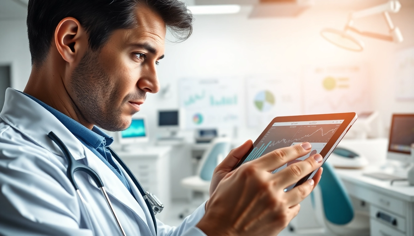 Enhance health awareness with a doctor analyzing metrics in a modern clinic setting.