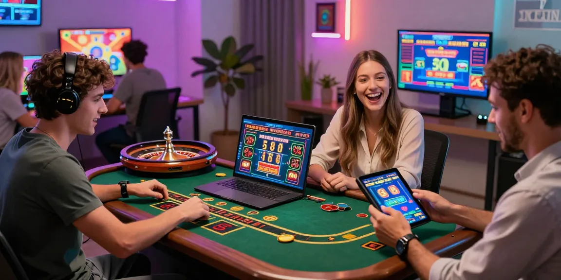 Players exploring non UK casinos on laptops and tablets, vibrant online gaming environment.