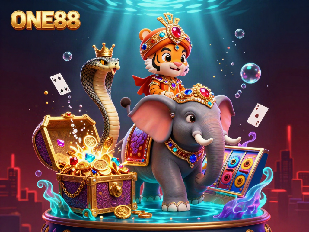 Experience the excitement of ONE88 with a vibrant 3D scene featuring a maharaja tiger, golden treasures, and casino elements.