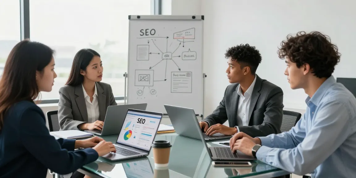 Team collaborating on SEO backlink services strategies in a bright office