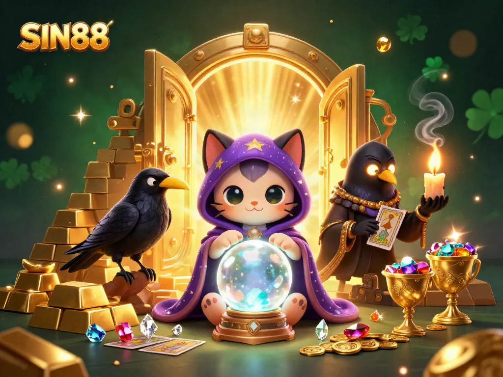 SIN88 players immerse in a rich casino experience, showcasing vibrant characters, gold treasures, and captivating elements.