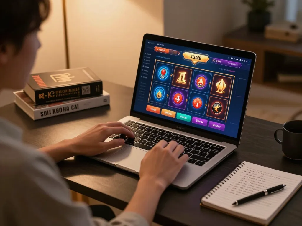 Engaged user examines soi keo nha cai online betting options on laptop in a cozy gaming setup