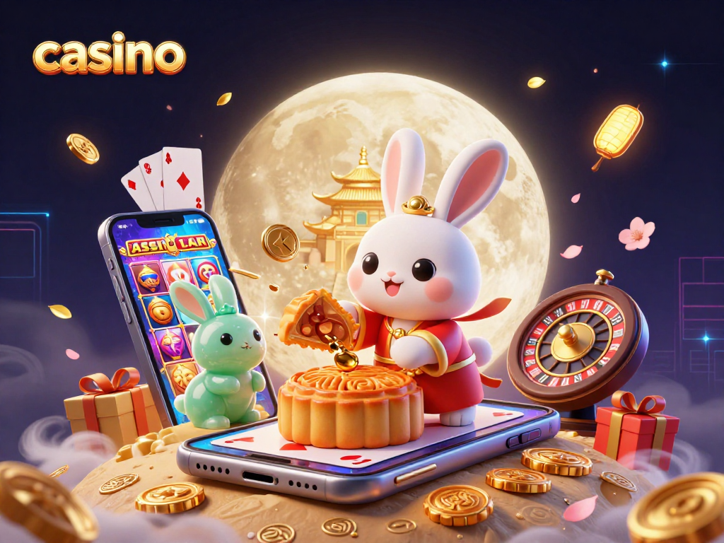 Play casino-themed games with a moon rabbit pounding mooncakes revealing poker chips in a vibrant 3D scene.