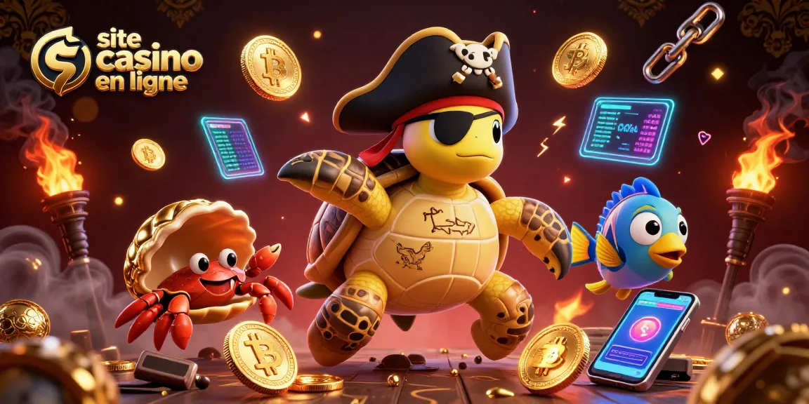 Interagissez avec le site casino en ligne présentant des éléments 3D vibrants tels que des trésors et des pièces de crypto-monnaie.