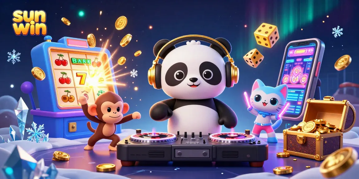 Experience the energetic sun win gaming scene with cartoon characters amidst vibrant casino elements and jackpots.