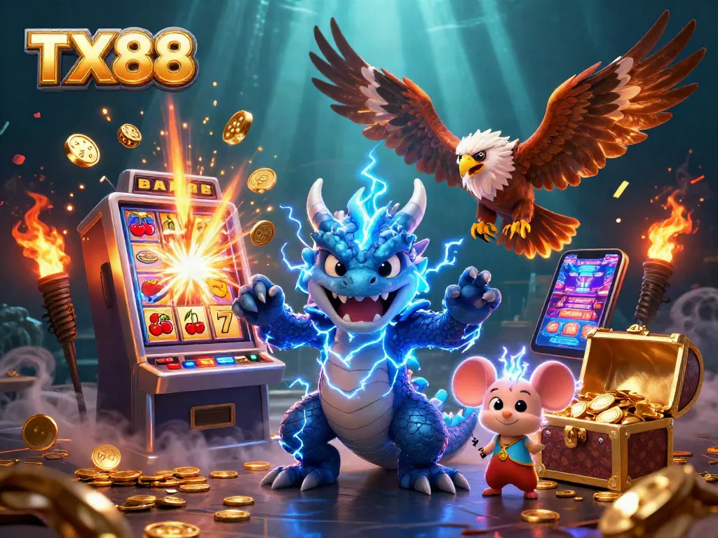 Experience thrilling games at TX88, featuring a vibrant dragon, hawk, and treasure elements.