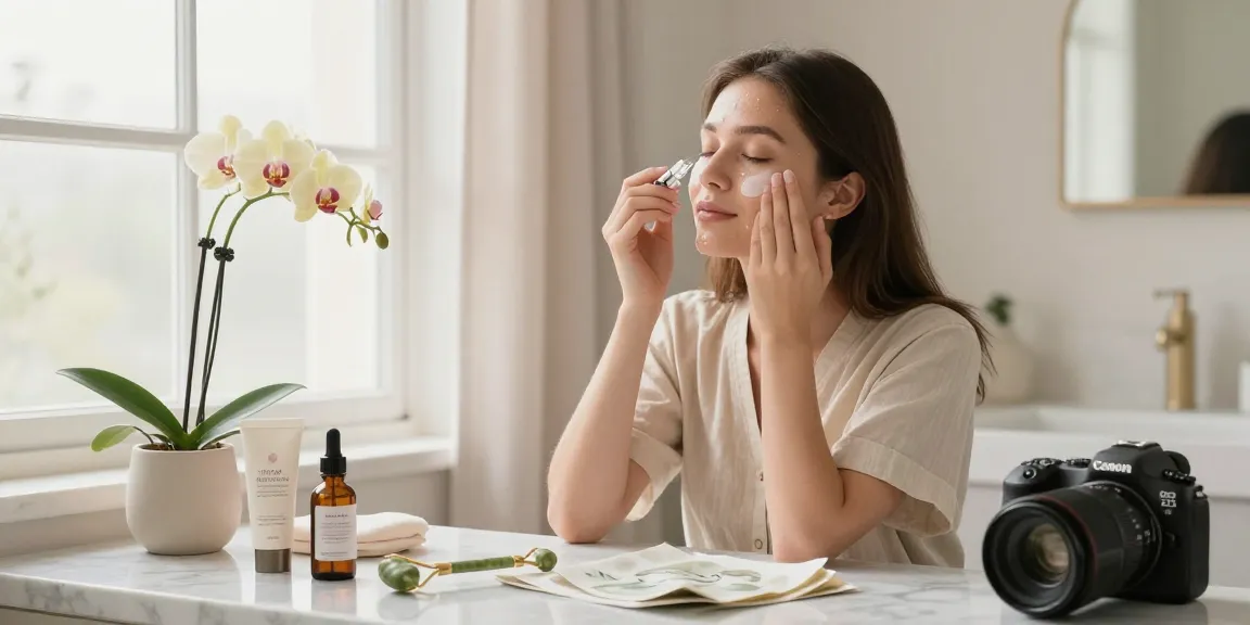 Experimentează eficiența rutinei de îngrijire a pielii cu o femeie care aplică serul printre produse elegante de frumusețe.
