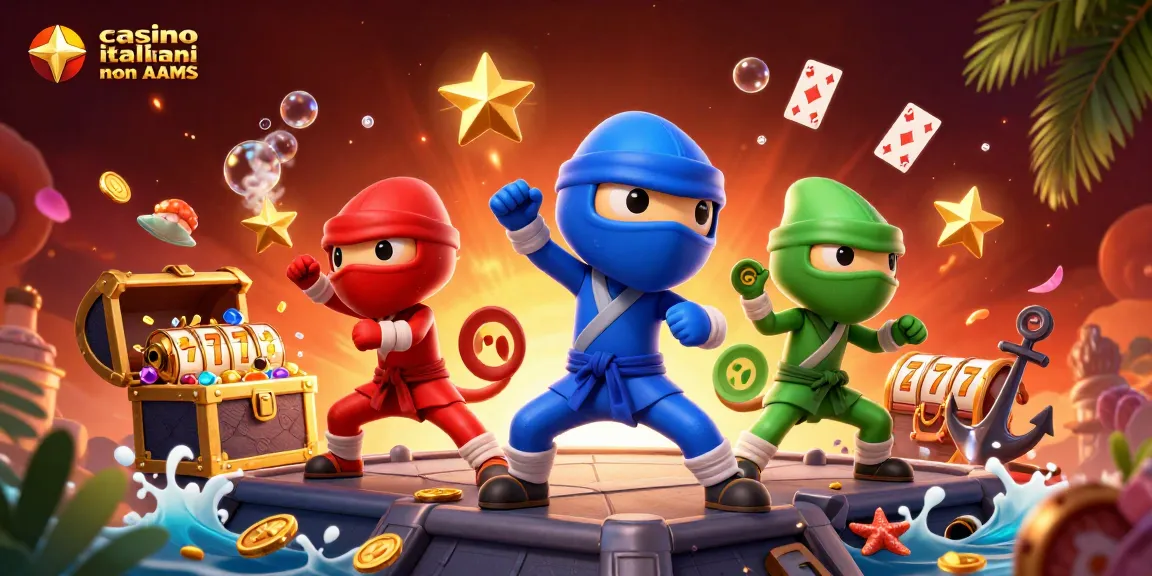 Scena coinvolgente con ninja camaleonti dei casino italiani non AAMS che mostrano arti marziali vivaci su un tetto.