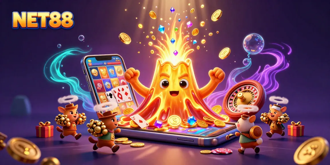 Engage with NET88 through this vibrant 3D casino illustration featuring a golden volcano and treasure elements.