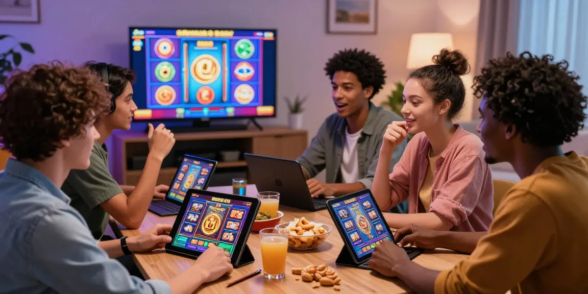 Exciting gaming scene at https://aboutderbyshire.co.uk where friends discuss Bonus Buy slots, showcasing vibrant graphics and a cozy atmosphere.