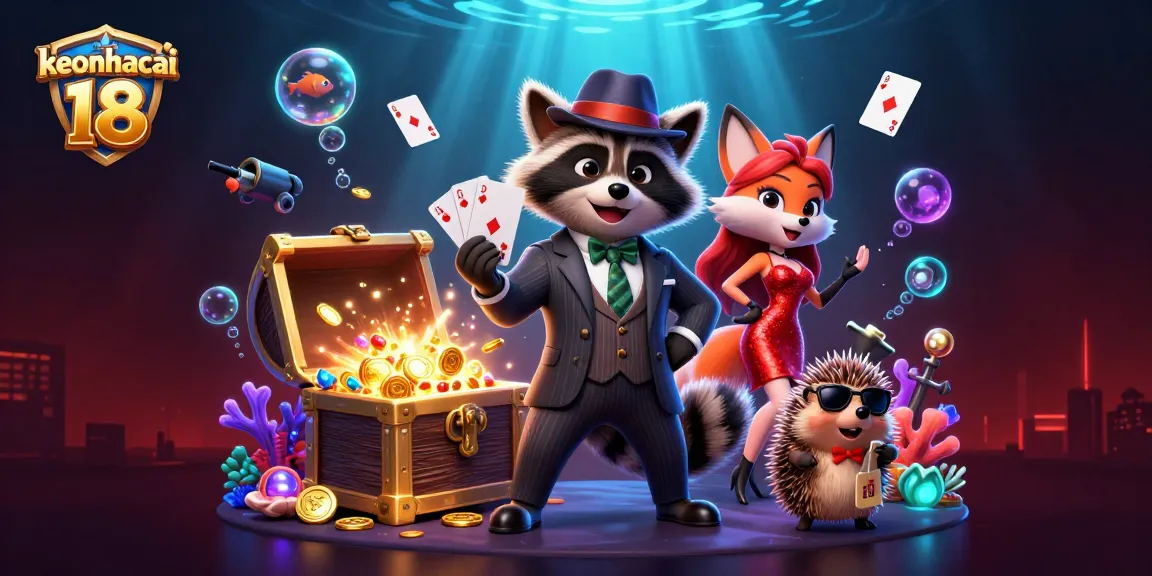 Engage in exciting gameplay with keonhacai 18, featuring a suave raccoon, a fox, and a hedgehog in a vibrant casino scene.