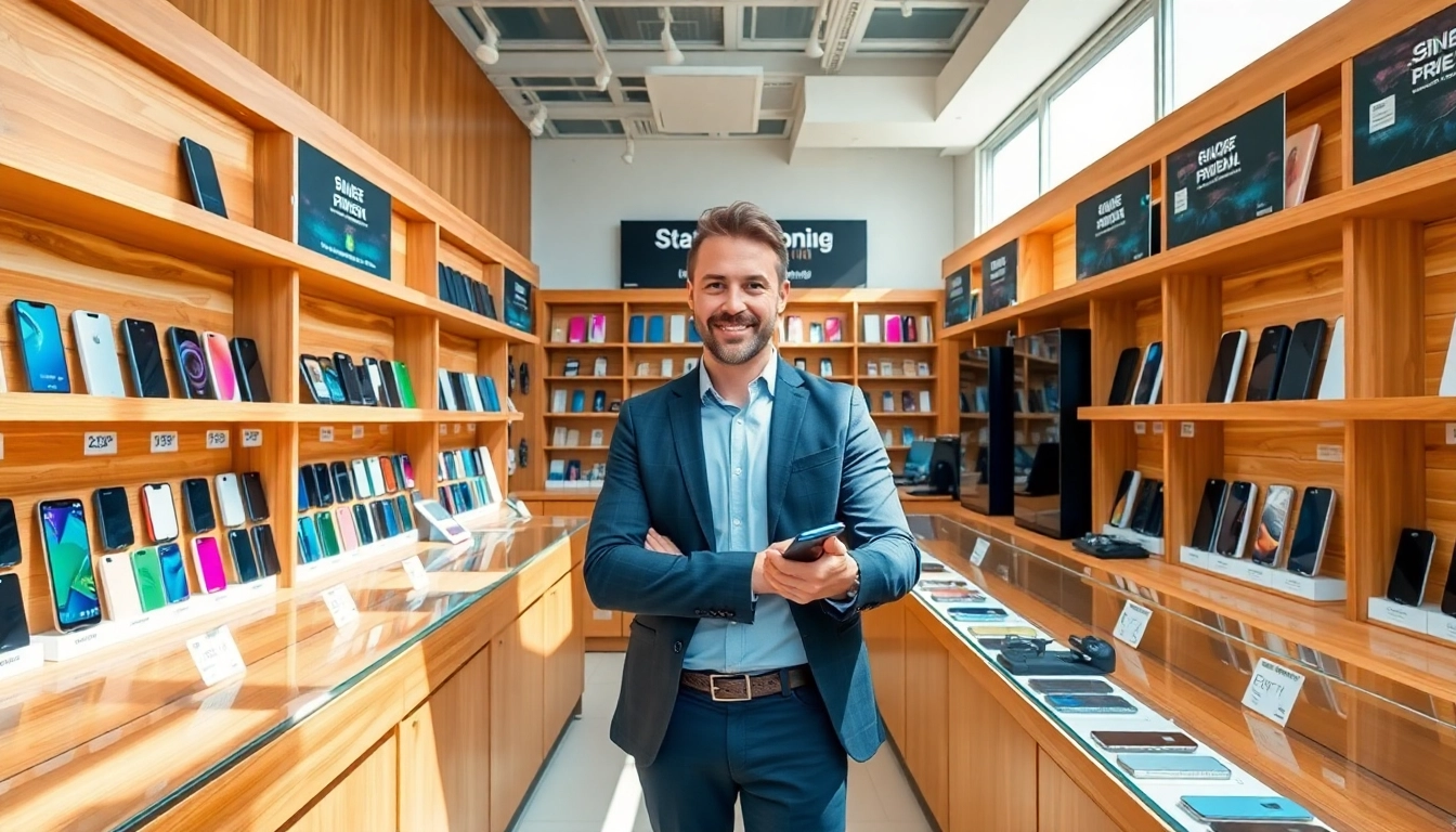 Sell phone cash at a professional phone shop with a variety of devices on display.