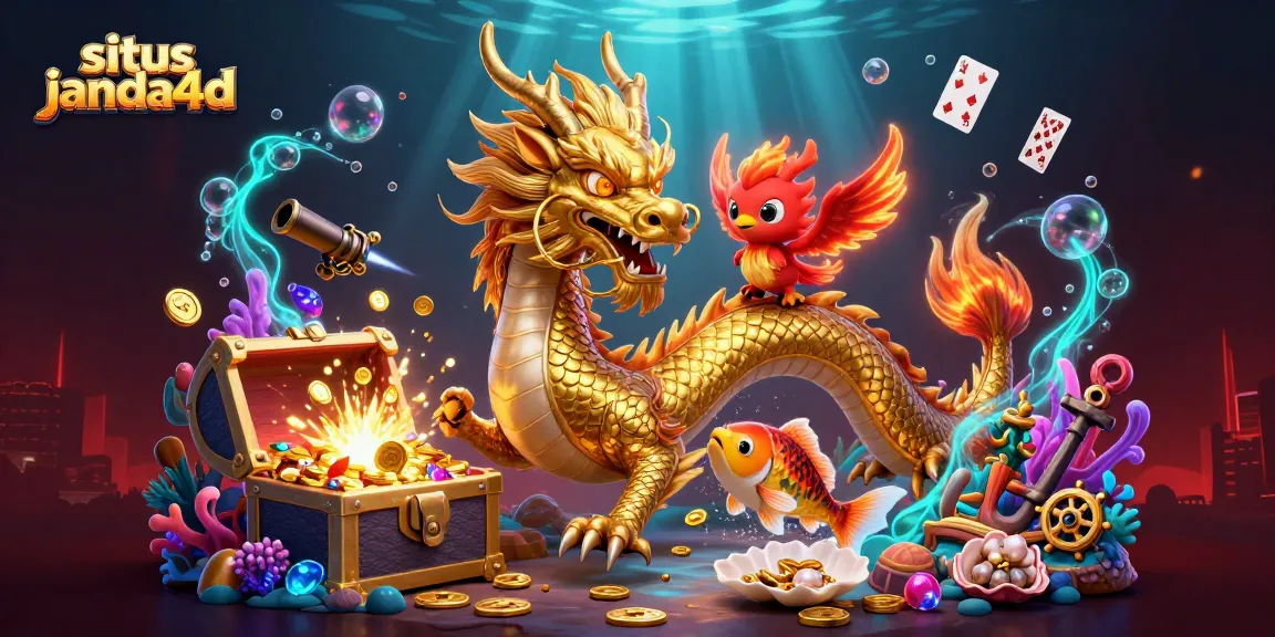 Gambarkan aksi seru di situs janda4d dengan naga emas dan ikan koi berloncatan dalam lautan koin.