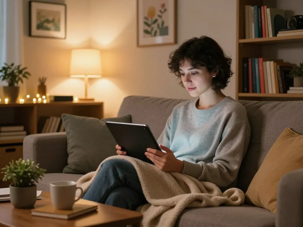 Engaging moment with an AI girlfriend chatbot on a sleek tablet in a cozy living room.