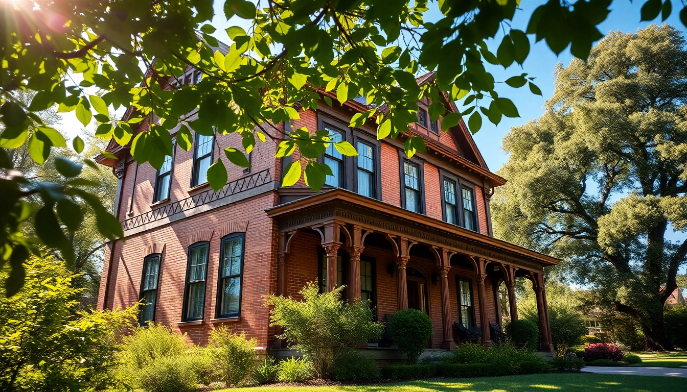 Showcasing the Winchester Foursquare Revival's elegant architecture amidst a lush garden.