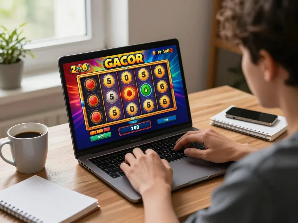 Engaging in slot gacor online gaming session, showcasing vibrant reels and strategic planning.