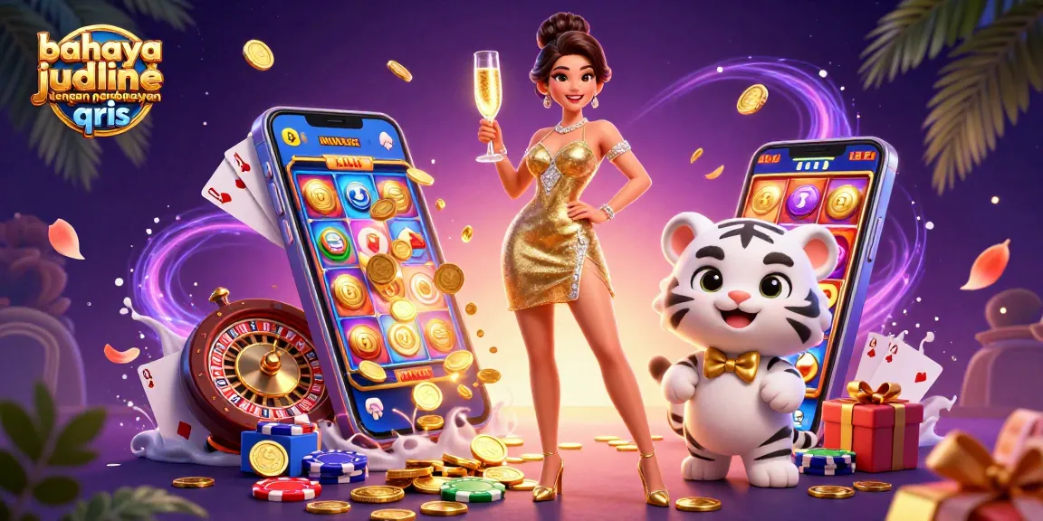 Engaging illustration showing the dangers of online gambling with QRIS payments, featuring a glamorous woman and a lucky tiger.