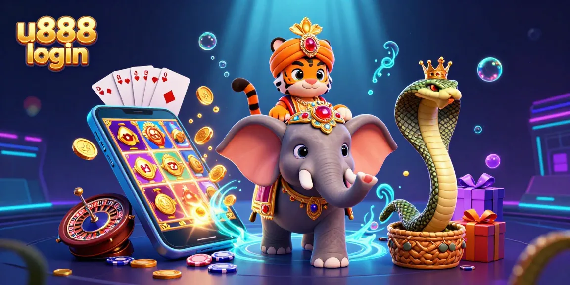 Spin to win with u888 login - vibrant scene of cartoon characters and casino games animated for engagement.