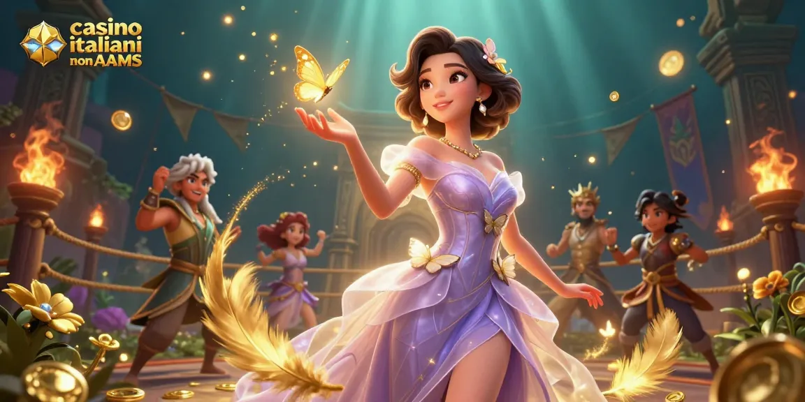 Interagisci con i casino italiani non AAMS in una scena 3D vivace che mostra personaggi dinamici ed elementi di gioco d'azzardo.