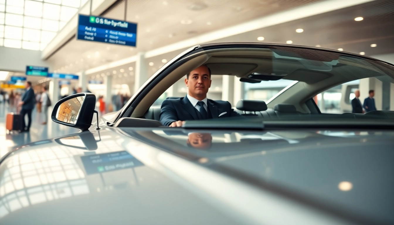 Professional chauffeur offering Private Airport Transfers with luxury vehicle and airport backdrop.