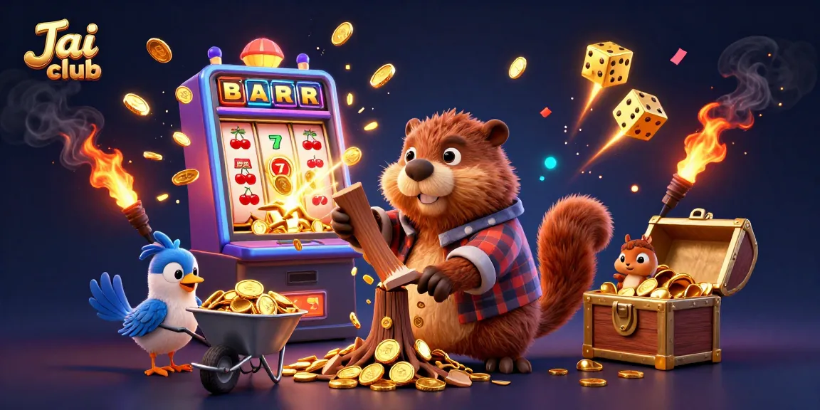Engage with Jai club as a beaver chops a tree raining gold coins, framed by vibrant casino elements.
