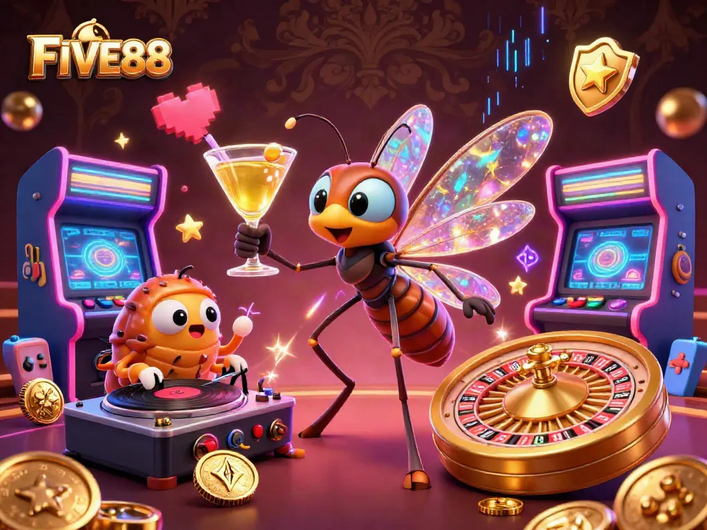 Engage with game excitement at FIVE88, featuring a lively casino atmosphere with colorful elements and dynamic gaming action.