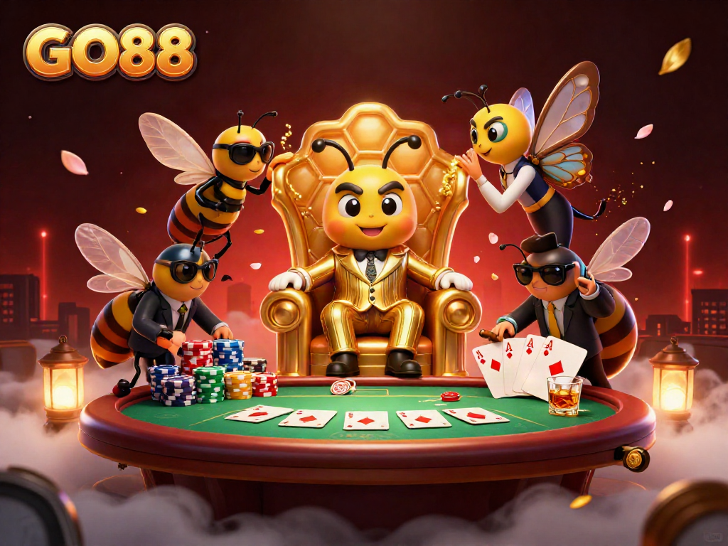 Experience GO88 with a buzzing cartoon bumblebee mob boss and vibrant poker action!