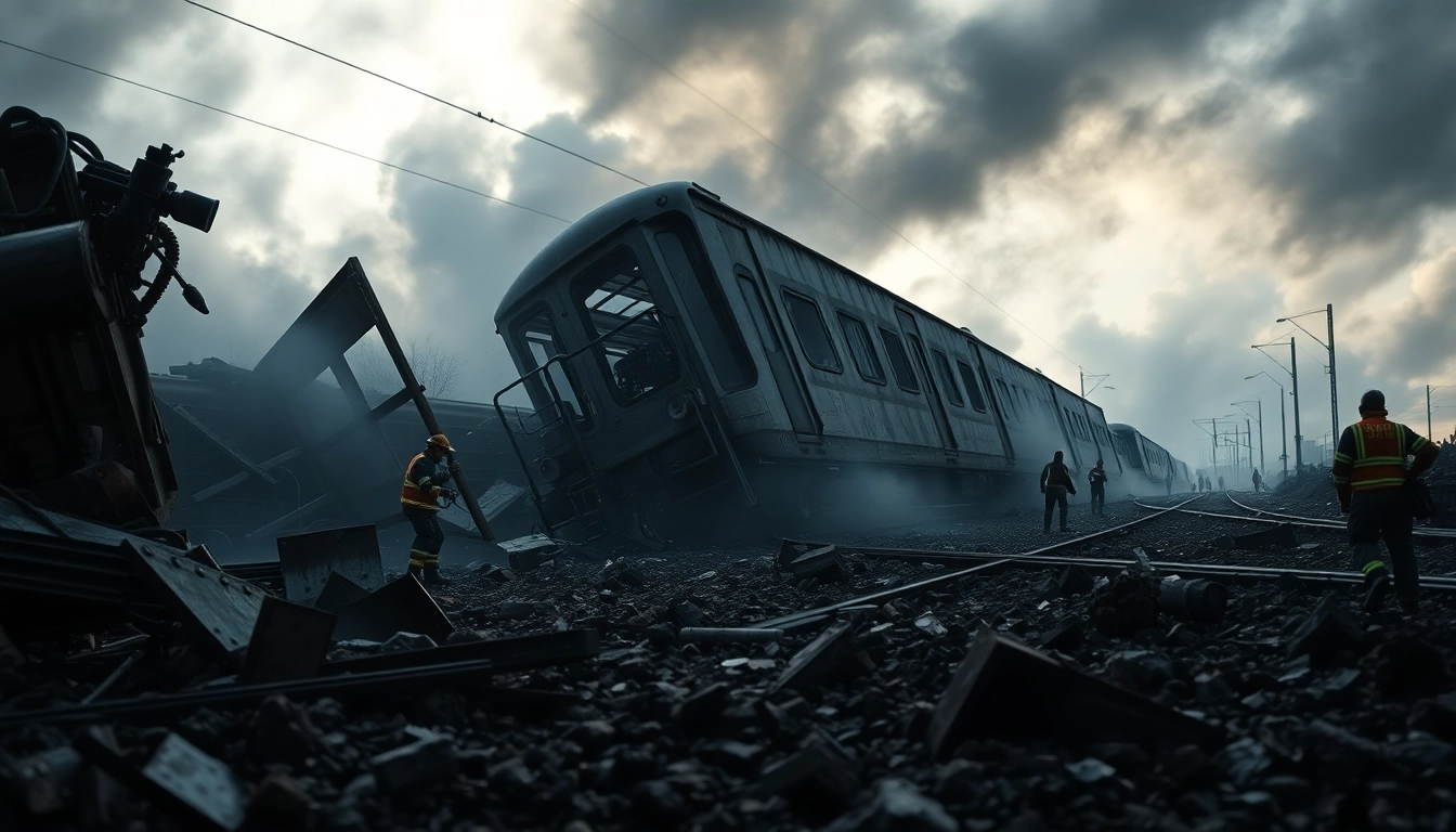 Scene depicting the spain train crash aftermath with responders handling debris and chaos.