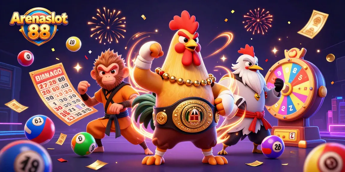 Arenaslot 88 menampilkan ilustrasi 3D yang menarik dari karakter perjudian, termasuk ayam Muay Thai dan monyet Shaolin.