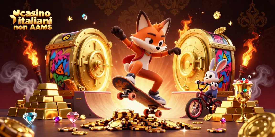 Scena di casinò italiani non AAMS con una volpe e un coniglio animati in 3D tra elementi di chip dorati.