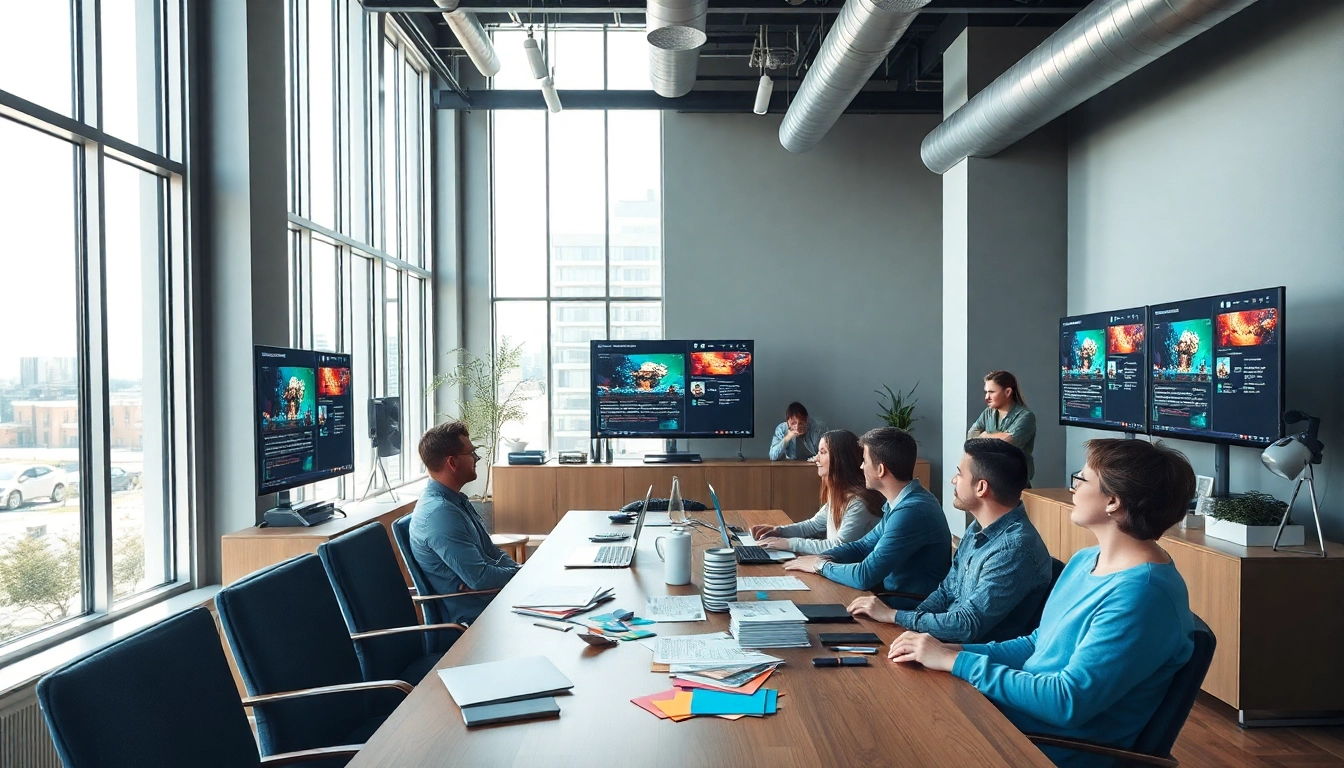 Enhancing edmonton web design in a vibrant studio with a creative team brainstorming.