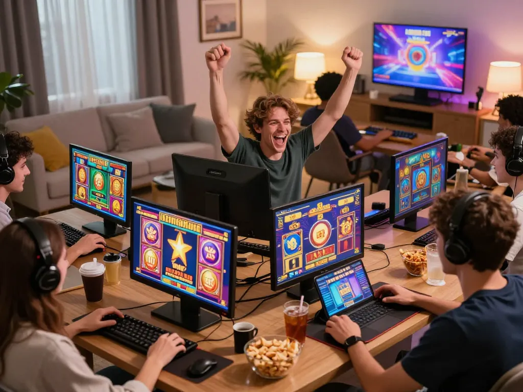 Pemain yang terlibat mengalami permainan slot online laoban188 di lingkungan permainan yang berwarna-warni.
