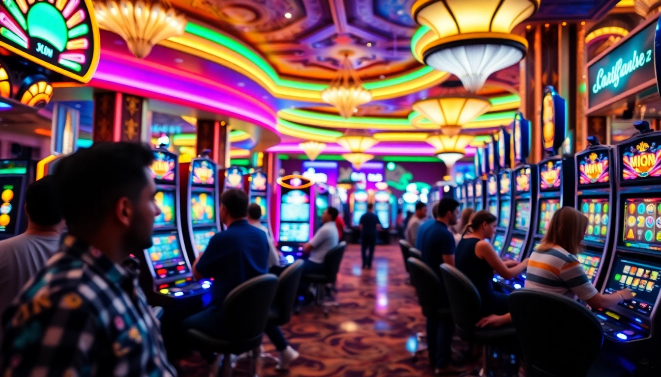 Menampilkan slot online yang menarik di dalam kasino yang ramai dengan lampu yang cerah.