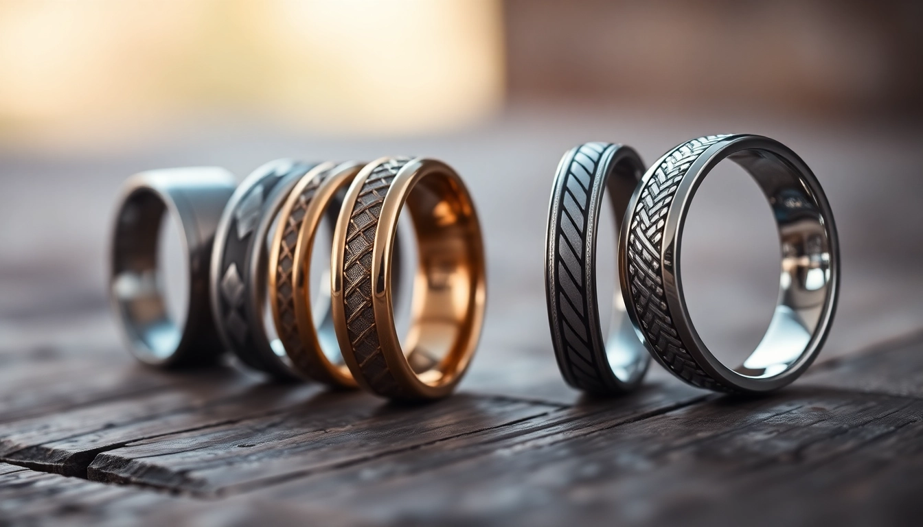 View unique wedding bands for men featuring intricate designs and contrasting metals in a natural setting.