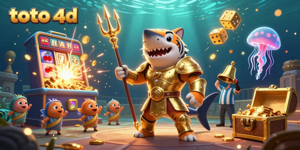 Experience thrilling toto 4d wins in an underwater colosseum with a vibrant jackpot scene and cartoon characters.