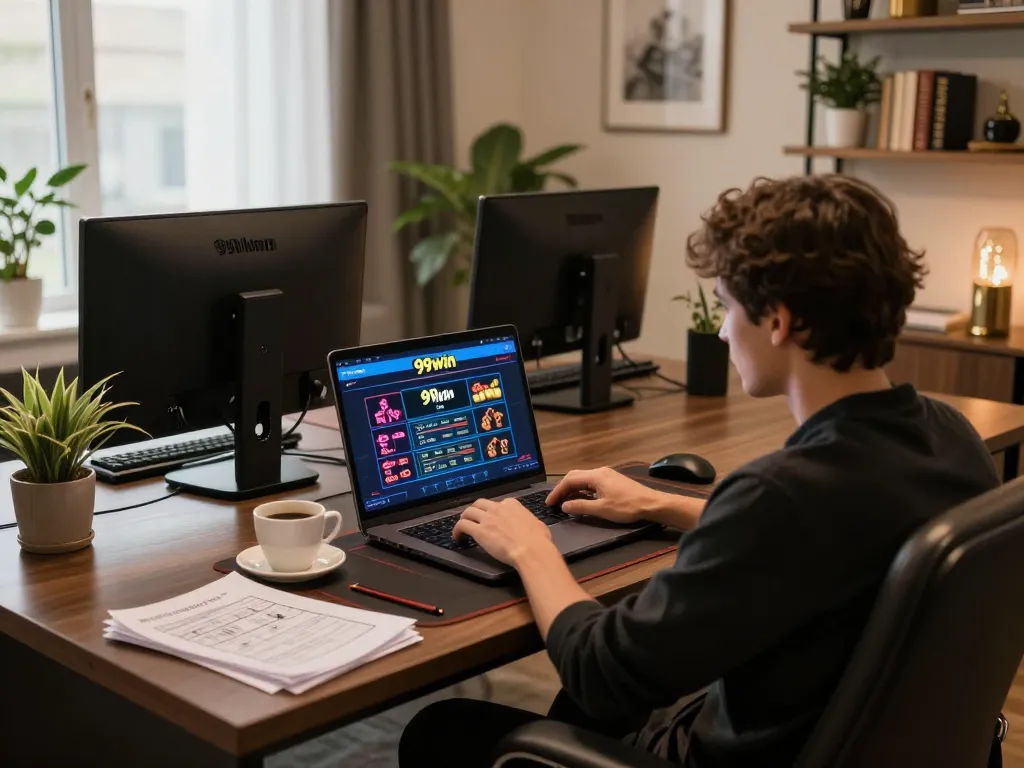 Person engaging with the 99win online casino platform in a stylish home office, illustrating responsible gaming.