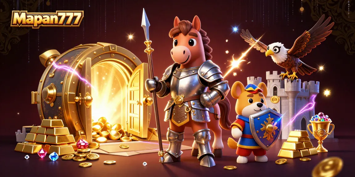 Experience thrilling gameplay with Mapan777 in a vibrant 3D casino scene featuring knights and treasures.